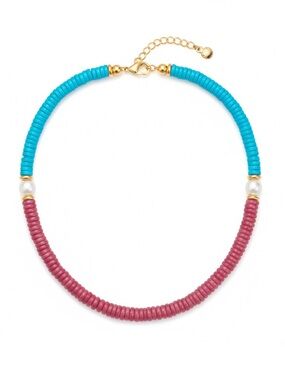 Gold-Accent Turquoise and Raspberry Bead Necklace